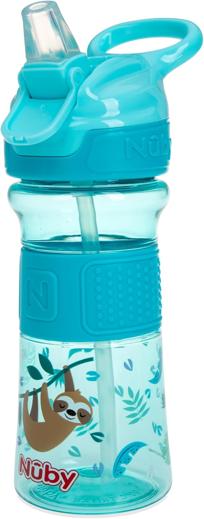 Nuby Thirsty Kids Push Button Flip-it Soft Spout on The Go Water Bottle with Easy Grip Band, 12oz, Sloth