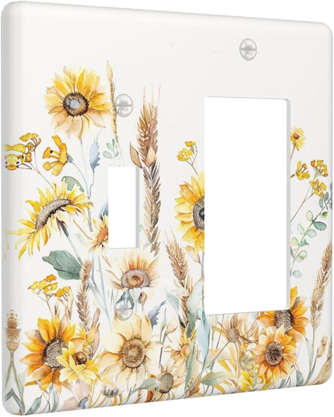 Yellow Floral Sunflowers Wheat Ears Watercolor Wild Flowers Outlet Covers 1 Toggle 1 Rocker Combination Decorative Wall Plate Electrical Switch Plates Light Switch Cover Plate for Bedroom Living Room