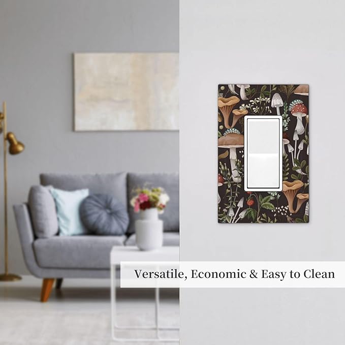 1 Gang Electrical Decora/GFCI Device Wallplate Funky Retro Vintage 70s 60s Boho Hippie Mushroom Botanical Floral Single Decorator Rocker Outlet Light Switch Cover Electrical Faceplate Dimmer