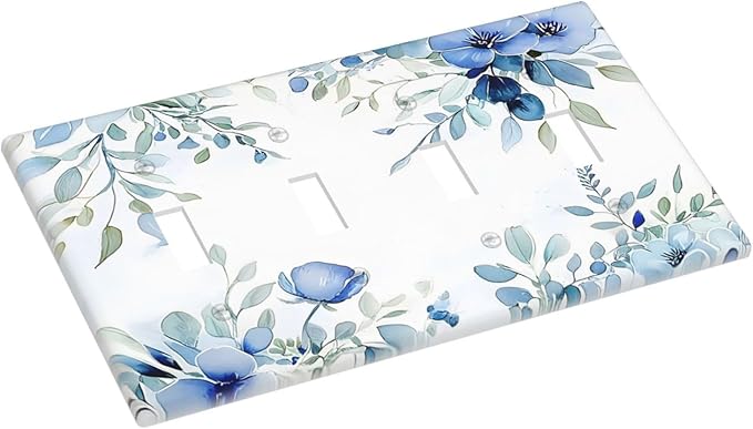 Watercolor Blue Flower Plant Floral Green Leaves Light Switch Covers Quad Toggle Electrical Faceplate 4 Gang Wall Plate Decorative Switch Plates for Bedroom Living Room Decor