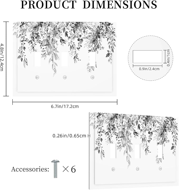 Decorative Switch Plates Grey Floral Plant Eucalyptus Leaf Flower 3 Gang Wall Plate Triple Toggle Light Switch Cover Faceplate Electrical Wall Panels For Bed Room Living Room Decor