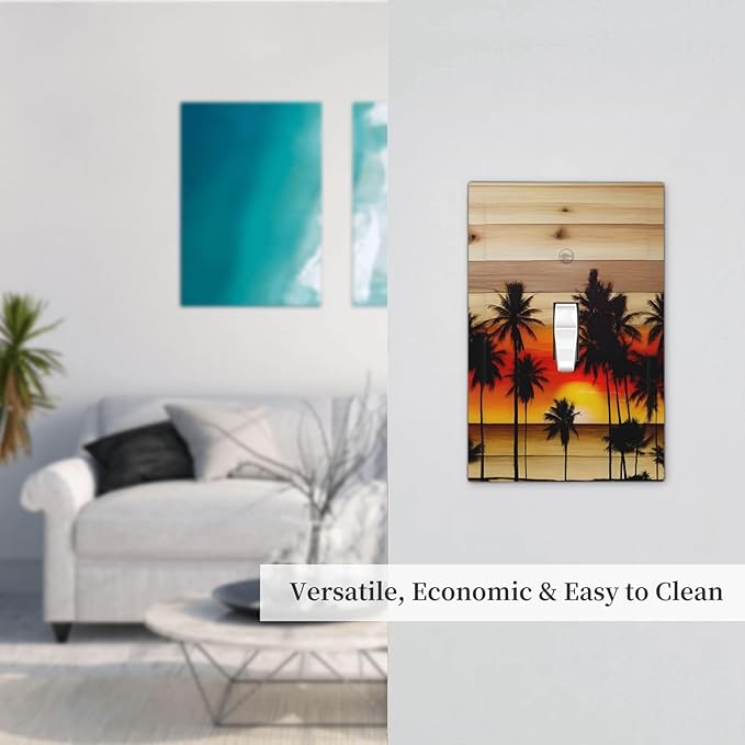 Sunset Beach Coconut Palm Tree Wooden Background Decorative Light Switch Cover 1 Gang Single Toggle Device Electrical Faceplate Switchplates Decorator Outlet Wall Plate for Bedroom Living Room Decor