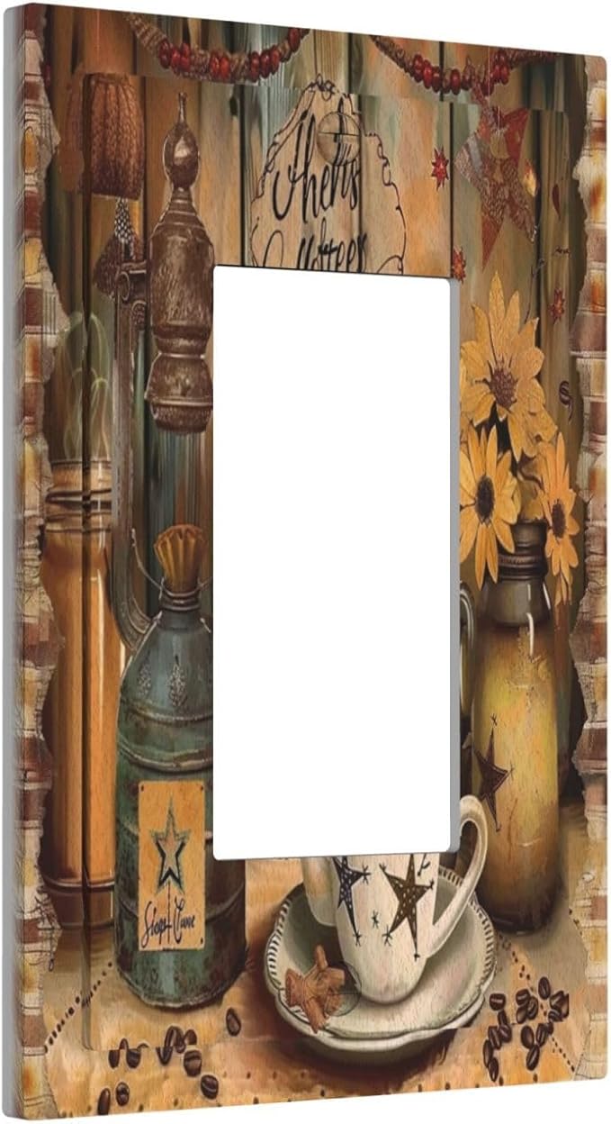 Decorative Outlet Covers Vintage Coffee Pot Star Farmhouse Wood Plank 1 Gang Single Decora GFCI Device Light Switch Cover Plate 1 Rocker Wall Plate Jumbo Switch Plate Cover