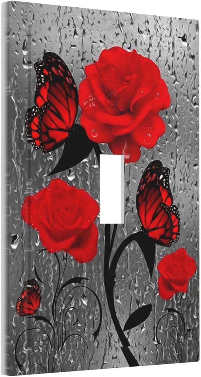 Raindrop Flower Butterfly Red Rose 1 Gang Light Switch Cover Single Toggle Wall Plate Decorative Switchplate Electrical Farmhouse Faceplate Raindrops Floral Girls Kitchen Bathroom Bedroom Decor 5" x 3
