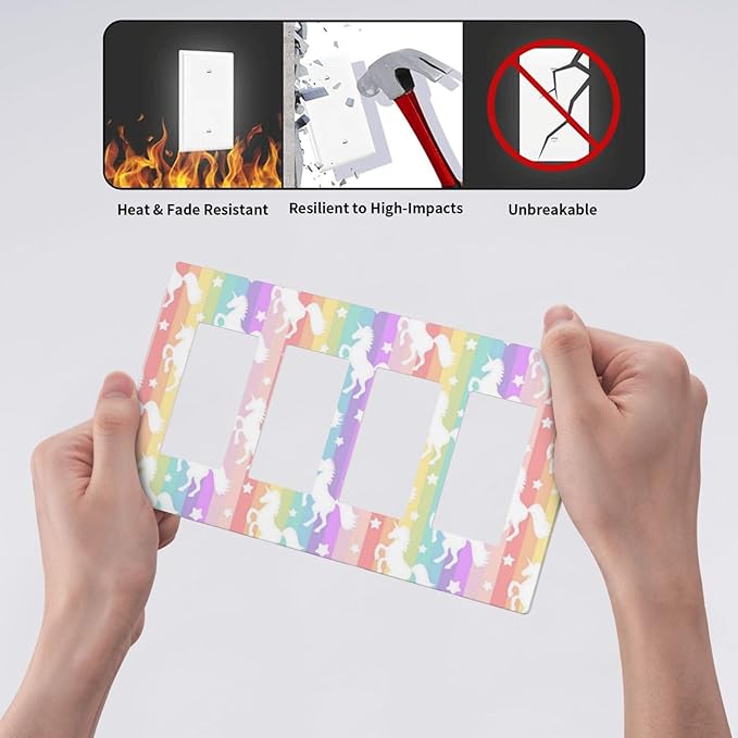 Colorful Kids Girls Cute Purple Rainbow Unicorns 4 Gang Quad Screwless Rocker/GFCI/Decorator Outlet Light Switch Cover Wall Plate Nursery Decorative Electric Device Faceplate Decorative Switchplate