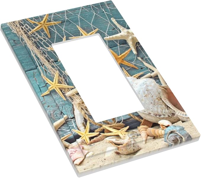 Rustic Coastal Seashell Single Rocker Switch Cover - 1-Gang Standard US Size Fisherman's Catch Beach Scene Light Switch Covers for Bathroom Decor