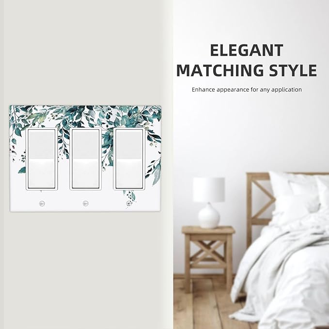 Decorative Outlet Covers Green Eucalyptus Boho Olive Leaves Country 3 Gang Wall Plate Cover Triple Rocker Decora Light Switch Covers Plate Jumbo Electrical GFCI Switch Plate Cover