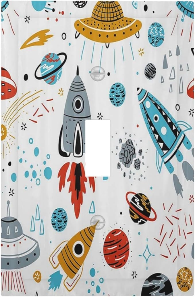 Cartoon Space Rocket Boys Universe Planet 1 Gang Light Switch Covers Decorative Unique Single Toggle Wall Plate Switchcover Electrical Switchplate for Nursery Kidroom Bathroom Bedroom Decor