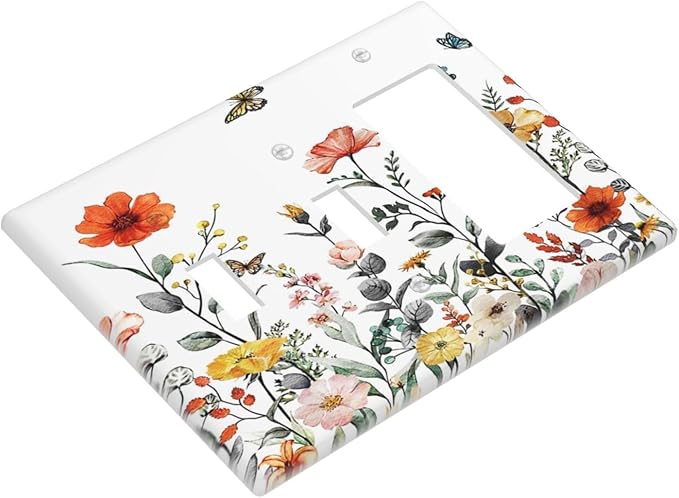 Colorful Butterfly Blossom Flower Floral 3-Gang 2-Toggle 1-GFCI/Decorator Combination Light Switch Decorative Triple Combo Device Switches/Rocker Outlet Covers and Wall Plate