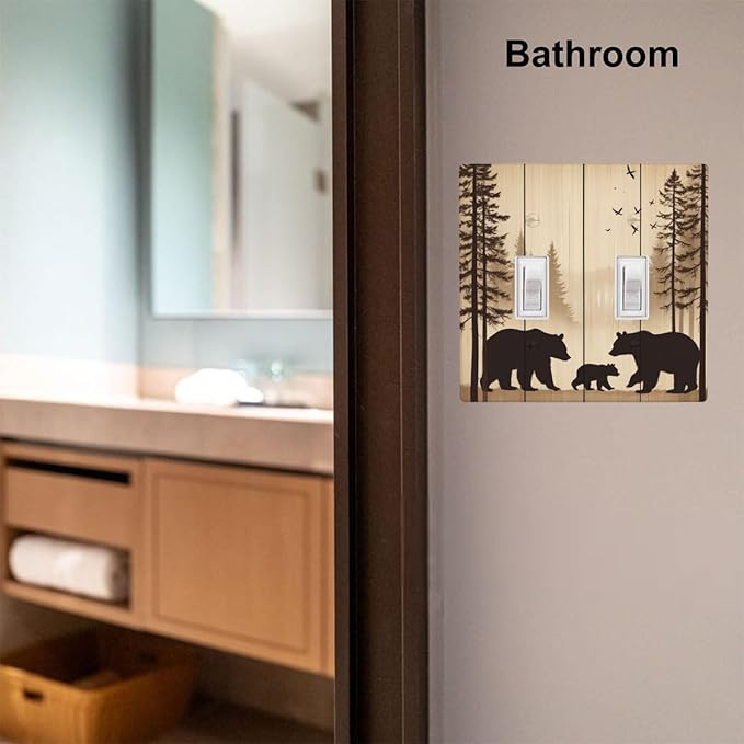 Cabin Bear Woodland 2-Gang Double Toggle Switch Plate, Rustic Wooden Bear Wall Plate for Cabin, Lodge, Farmhouse & Bedroom