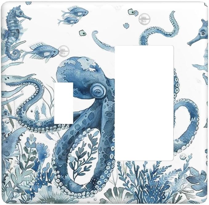 Blue Octopus Squid Seahorse Coral Watercolor Wild Sealife Outlet Covers 1 Toggle 1 Rocker Combination Decorative Wall Plate Electrical Switch Plates Light Switch Cover Plate for Bathroom Kids Room