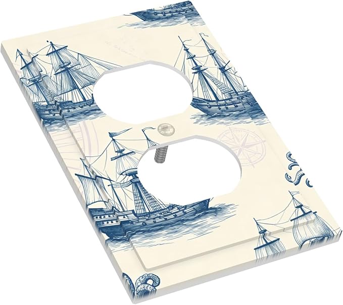 Vintage Nautical Ships Duplex Wall Plate - 1-Gang Standard US Size Old World Sailing Vessels Outlet Covers, Blueprint Design for Beach House Decor