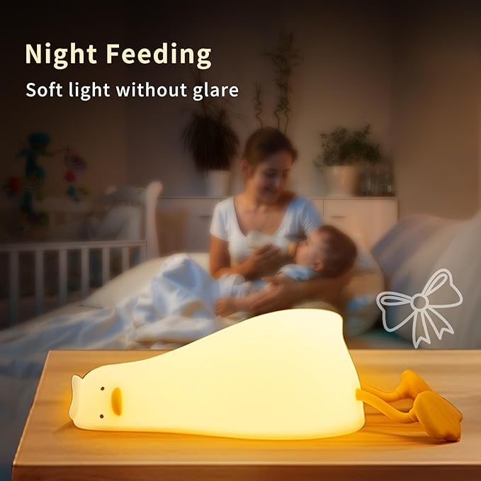 Duck Night Light, Soft Squishy Silicone Kids Nightlight, Lying Flat 3 Level Dimmable Touch Lamp with Timer, 1200mAh USB Rechargeable Baby Nursery Lamp,Xmas Gifts Kawaii Bedroom Decor