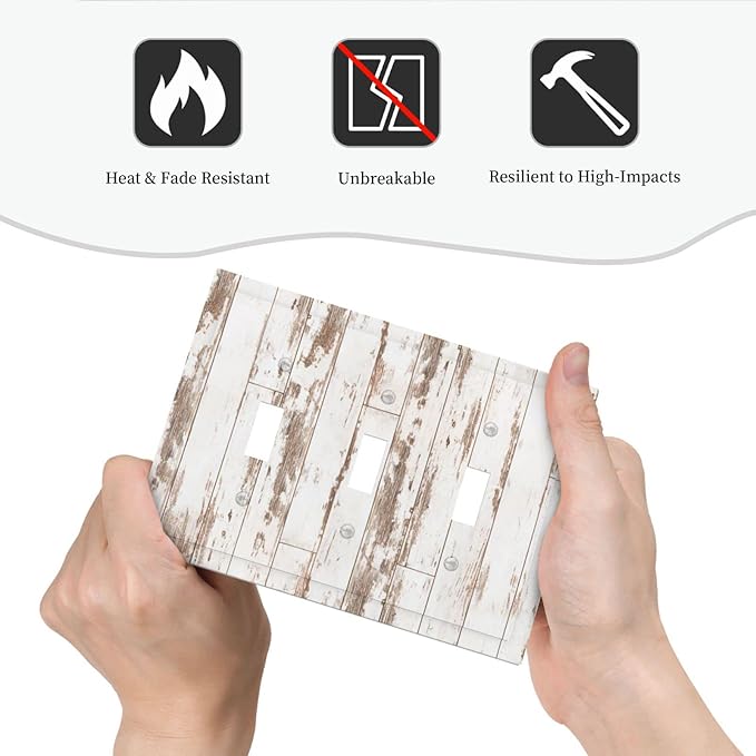 White Grey Wood 3 Gang Triple Toggle Light Switch Wall Plate Cover Decorative Electrical Faceplate for Rustic Barn Door Home Living Room Decorate 6.7" x 4.8