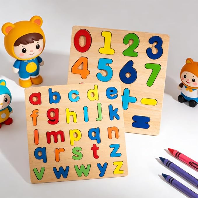 Wooden Puzzles for Toddlers, 2 Pack Alphabet Shape Wooden Puzzles for Kids Montessori Toddler Alphabet Number Shape Learning Puzzle for Kids 3 Years Over Boys & Girls