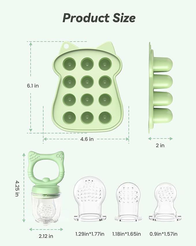 Silicone Baby Fruit Food Feeder (2 Pack) with Freezer Nibble Tray, Breastmilk Popsicle Molds for Baby Teething Relief, Feeder for Safe Infant Self Feeding, BPA Free, Dishwasher Safe, 3 Month+ Green