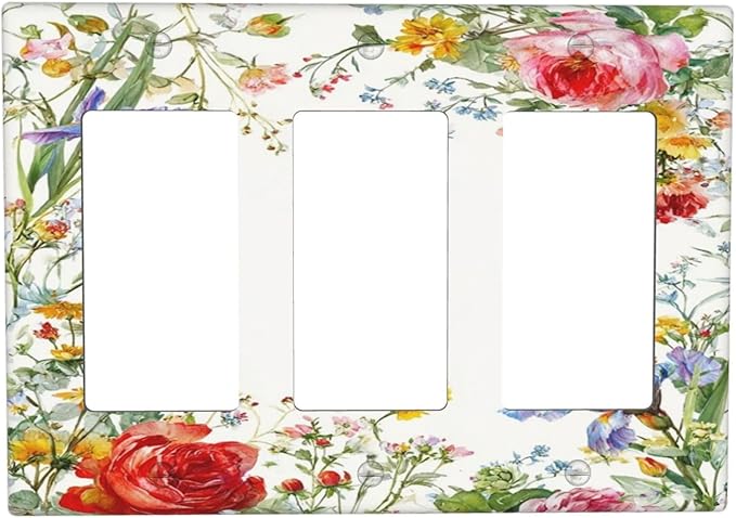 Decorative Outlet Covers Rustic Red Flower Garden Floral 3 Gang Light Switch Cover Plate Triple Rocker Wall Plates for Electrical Outlets Switch Plate Covers for Country Home Decor