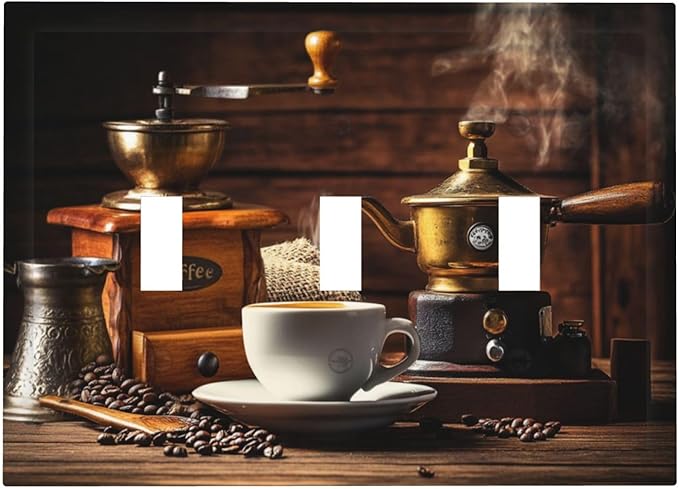 Decorative Switch Plate Cover with Vintage Coffee Retro Grinder Artwork Design 3 Gang Artistic Wall Plate Unique Triple Toggle Light Switch Covers for Rustic Kitchen Decor