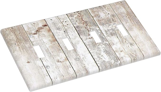 Vintage Light Wood Retro Rustic White Gray Oak Print Light Switch Covers Quad Toggle Electrical Faceplate 4 Gang Wall Plate Decorative Switch Plates Cover for Farmhouse Home Decor