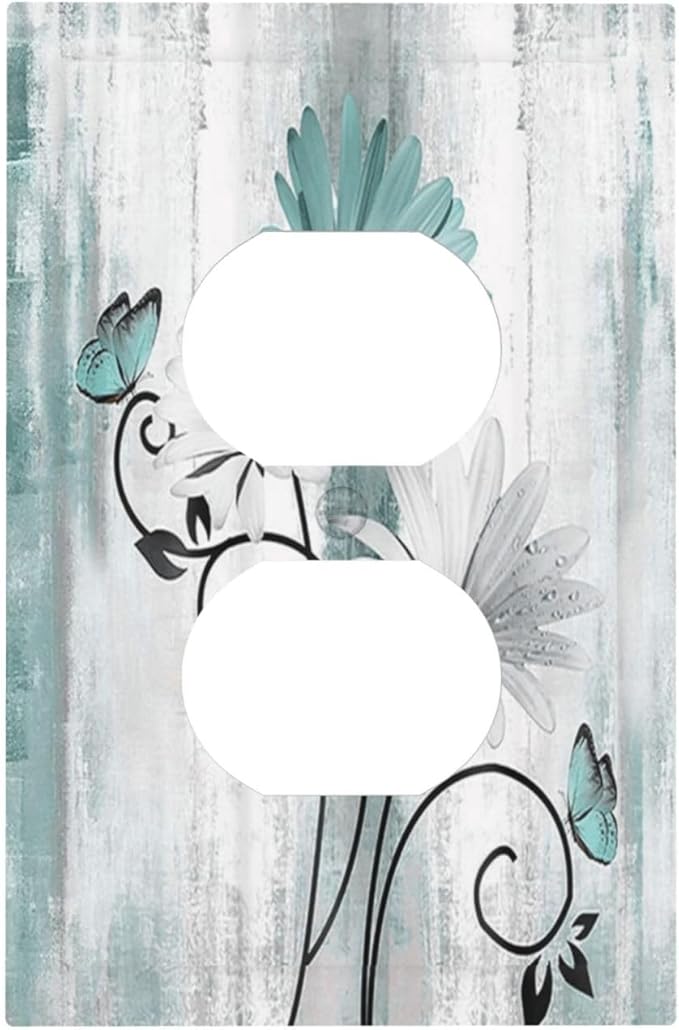 Teal Daisy Vintage Flower Butterfly Rustic Wood Print Outlet Covers 1 Gang Duplex Light Switch Cover Decorative Switch Plates Electrical Receptacle Faceplate Wall Plate for Farmhouse Home Decor