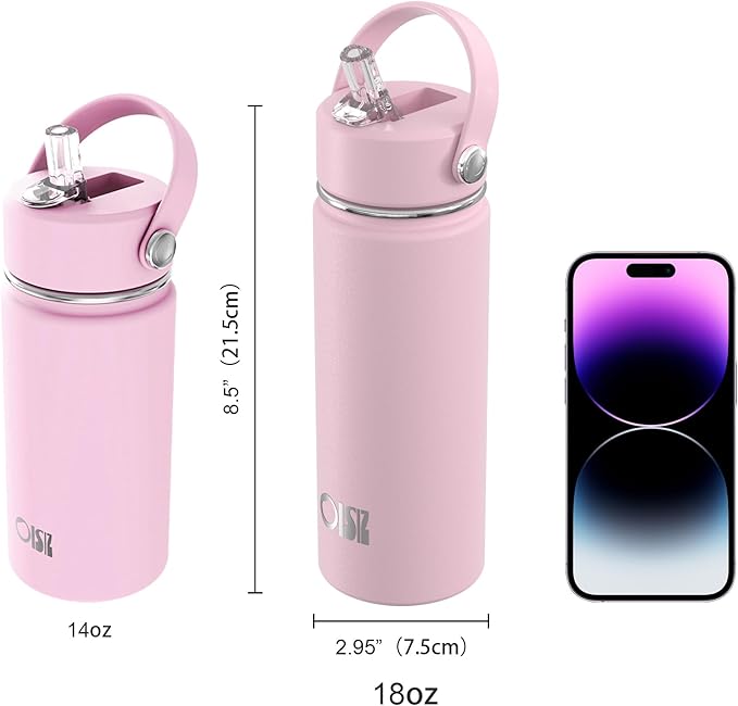 OISIZ 18oz Kids Water Bottle with Straw Lid, Vacuum Insulated Water Bottle Stainless Steel Bottles for Kids for School, Leakproof Water cups, BPA Free and Keep Cold for 24 Hours,Easy to Clean