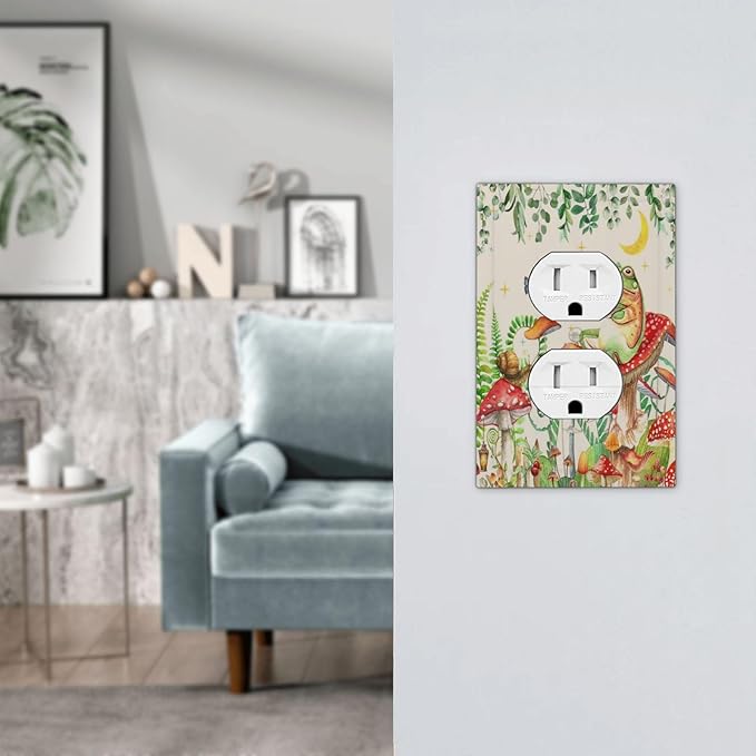 Outlet Covers Boho Mushrooms Frogs Butterflies Flowers Moon Stars 1 Gang Duplex Electrical Receptacle Faceplate Light Switch Cover Wall Plate Decorative Switch Plates for Kids room Bedroom