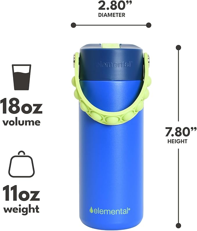 Elemental Insulated Kids Water Bottle, Stainless Steel Water Bottle with Straw Lid & Pop-It Handle, Leak-Proof Water Bottles for School, Boys or Girls, Travelling and Sports, 18oz - Night Fall