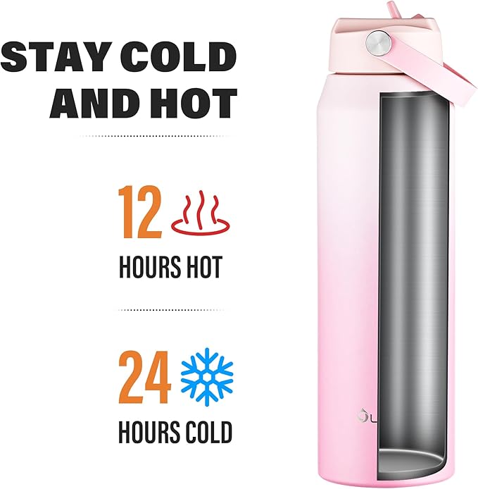 Oldley 32oz Insulated Water Bottle with Straw, Stainless Steel Water Bottle for Sports, Travel, School, BPA-Free Sports Bottles for Adult Kids, Leak-Proof, Pink-Red