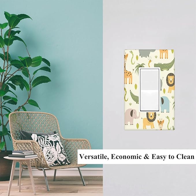 Cartoon Animal Single Rocker Light Switch Cover Plate Cute Hippo Crocodile Lion Elephant And Giraffe Funny Wildlife Wall Plate 1-Gang Rocker Plug Outlet Cover for Boys Girls