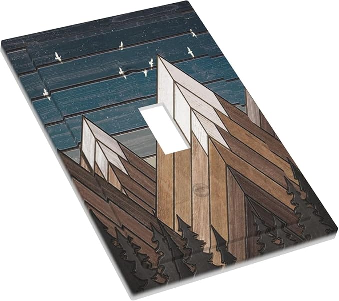 Rustic Geometric Mountain Wilderness Wood Light Switch Plate Cover 1 Gang Single Toggle Wall Plates Art Decorative Switchplate Outlet Covers Electrical Faceplate for Bedroom Bathroom Kitchen Decor