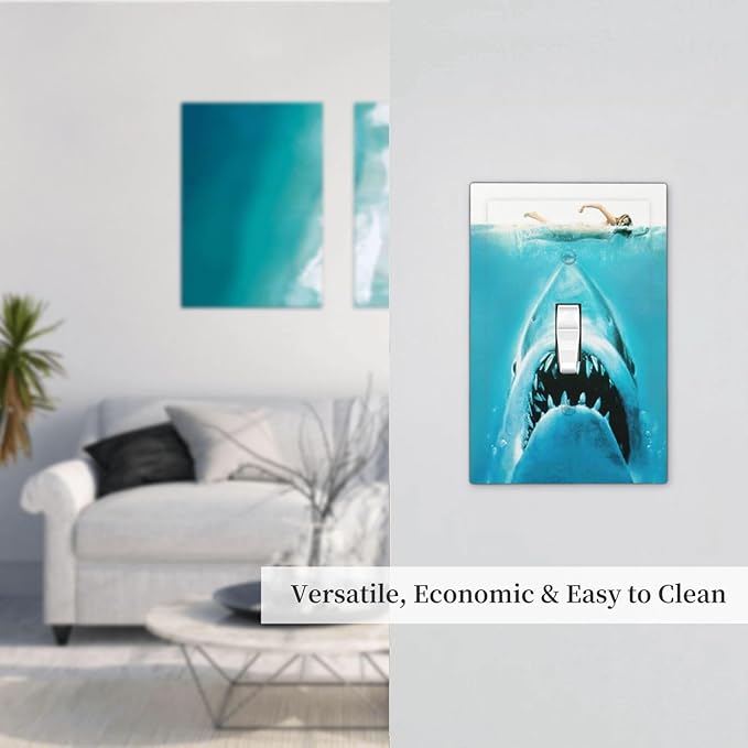 Beach Shark Oceanjaws Movie Vintage Look Decorative Light Switch Cover 1 Gang Single Toggle Device Electrical Faceplate Switchplates Decorator Outlet Wall Plate for Bathroom Kids Room Decor