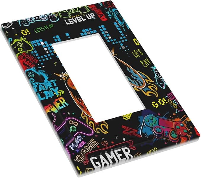 Gamer Video Game Themed Cool Controller Print Decorative Outlet Covers 1 Gang Single Rocker Light Switch Cover Plate Wall Plates GFCI Faceplate for Kids Room Office Decor
