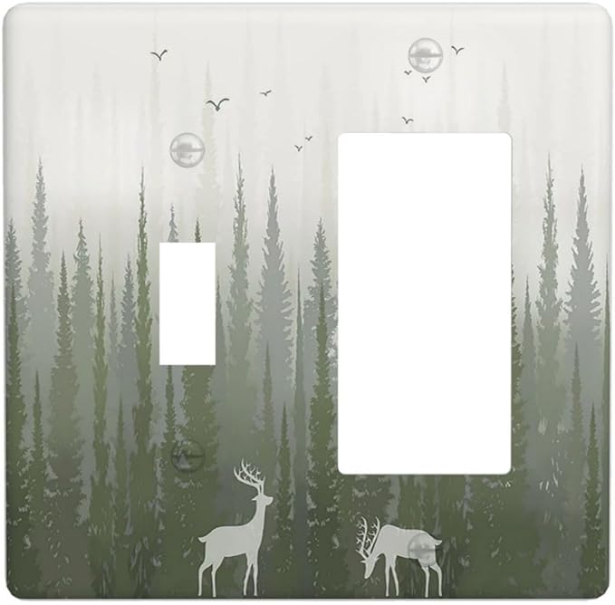 Green Pine Tree Deer Country forest Bird Nature Mist Outlet Covers 1 Toggle 1 Rocker Combination Electrical Switch Plates Light Switch Cover Plate Decorative Wall Plate for Bedroom Home Decor