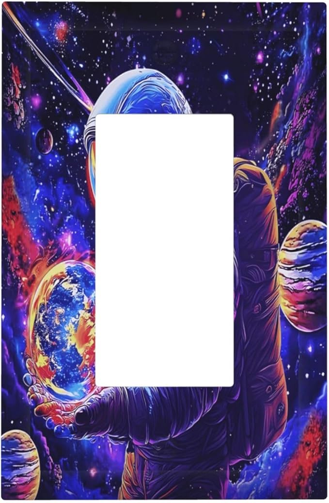 Astronaut Space Cool Galaxy Planet Decorative Outlet Covers 1 Gang Single Rocker Light Switch Cover Plate Wall Plates GFCI Faceplate for Kids Room Nursery Decor