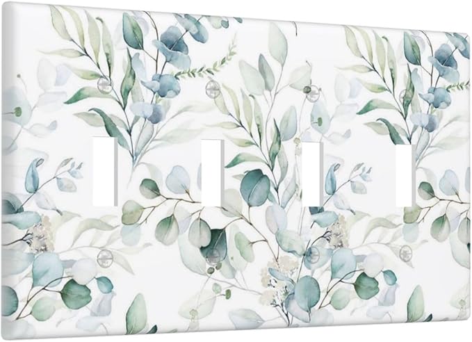Green Eucalyptus Leaf Decorator Light Switch Cover Wall Plate 4 Gang Quad Toggle, Watercolor Spring Boho Eucalyptus Leaves Tree Top Wild Flower Decorative Electrical Outlet Cover Switchplate Faceplate