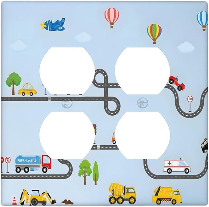 Road Construction Car Truck Hot Air Balloon Outlet Covers 2 Gang Double Duplex Decorative Light Switch Covers Electrical Wallplates Socket Faceplate for Nursery Kids Room Decor