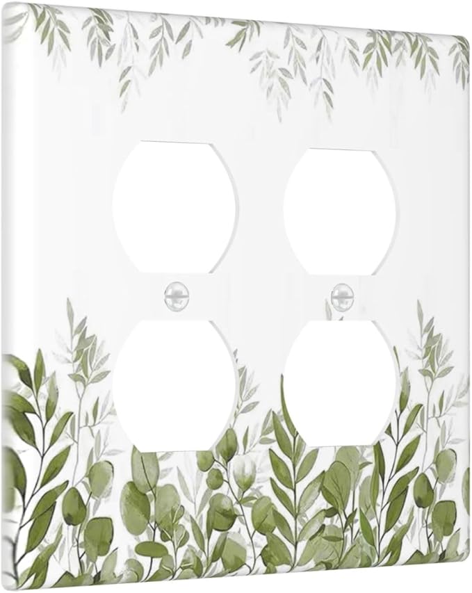 Green Eucalyptus Plant Leaves Vine Outlet Covers 2 Gang Double Duplex Decorative Light Switch Covers Electrical Wallplates Socket Faceplate for Bed Room Living Room Decor