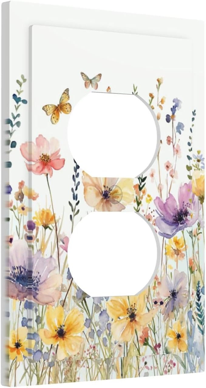 Wildflowers Colorful Flower Butterfly Floral Outlet Covers 1 Gang Duplex Light Switch Cover Decorative Switch Plates Electrical Receptacle Faceplate Wall Plate for Farmhouse Bedroom Decor