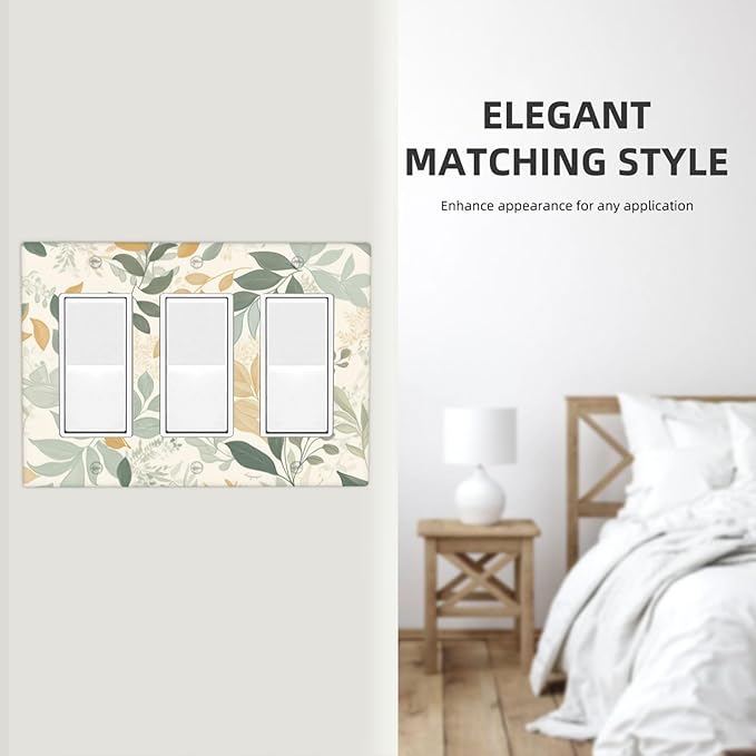 Boho Watercolor Leaves 3 Gang Rocker Outlet Covers Triple Rocker Light Switch Cover Watercolor Green Botanical Wall Plate Decorative Faceplate for Bedroom Kitchen Living Room Decor