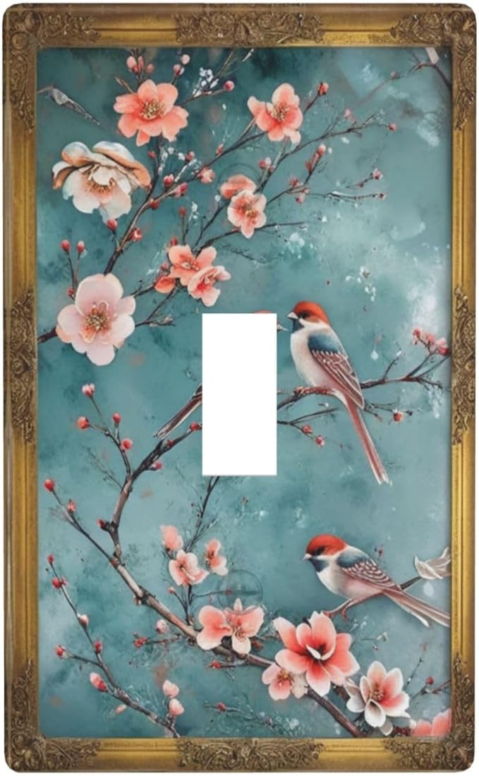 Decorative Art Light Switch Covers Vintage Chinoiserie Oriental - Teal Birds and Floral Branch Single Toggle Wall Plate Decorative Switchcover Electrical Switchplate for Home Decor