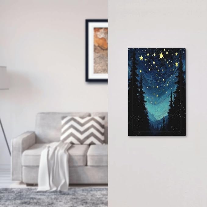 Light Switch Cover Plate Blue Starry Sky Forest Painted Star Pine Tree Oil Painting 1 Gang No Device Blank Electrical Wall Plates Faceplate Decorative Switch Plate for Bedroom Cabin Decor