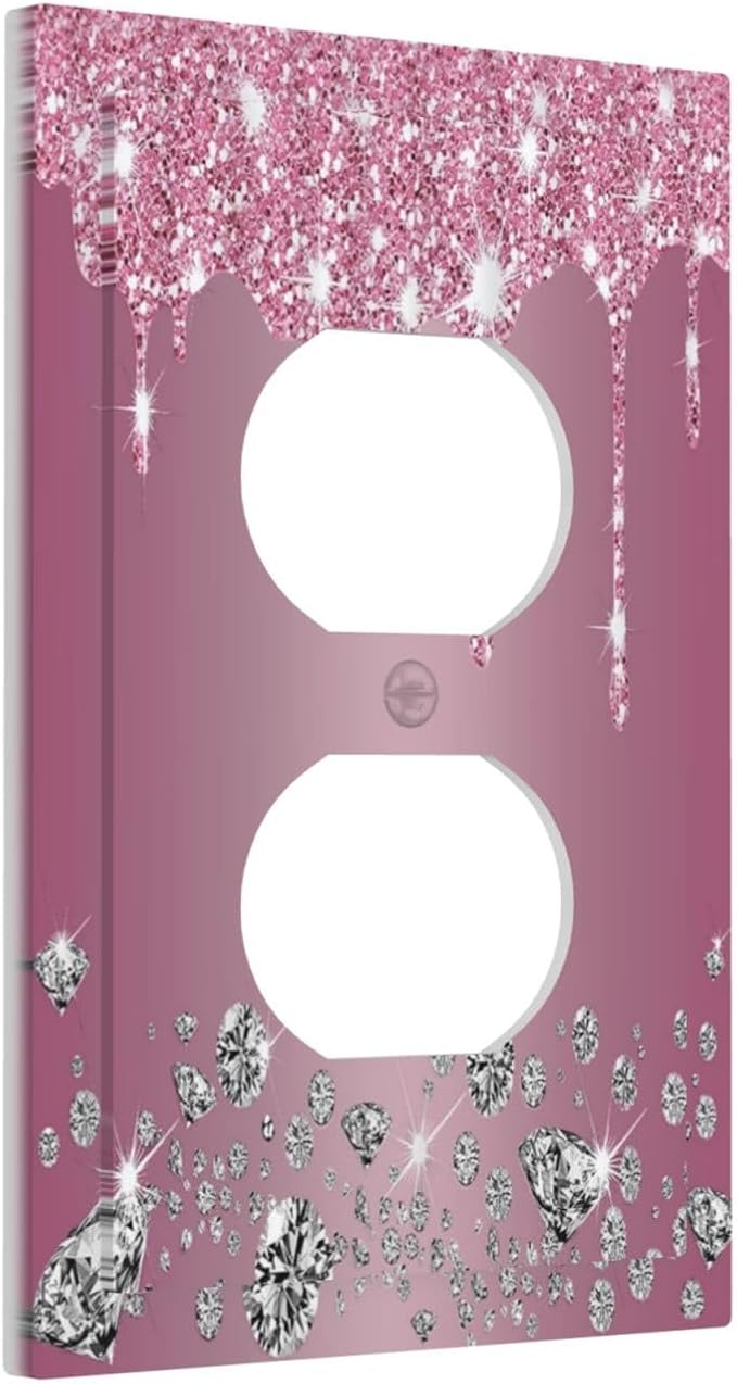 Sparkling Diamonds Pink Silver Glitter Drops Print 1 Gang Outlet Plate Decorative Single Duplex Wall Plate Covers Unique Electrical Receptacle Light Switch Cover Faceplate Switchplate for Bedroom