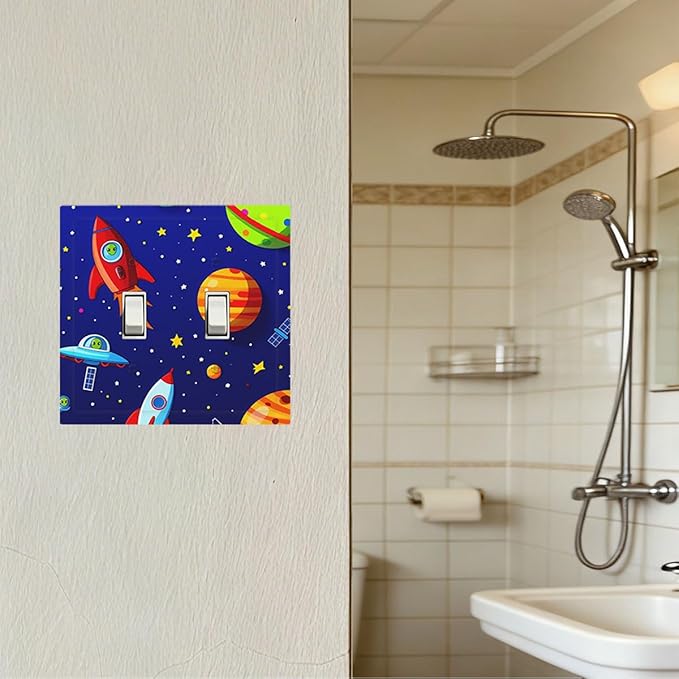 Planets, Rockets & Aliens Double Toggle Switch Cover - 2-Gang Standard US Size Astronaut Cosmic Adventure Light Switch Covers for Boy's Bedroom Decor
