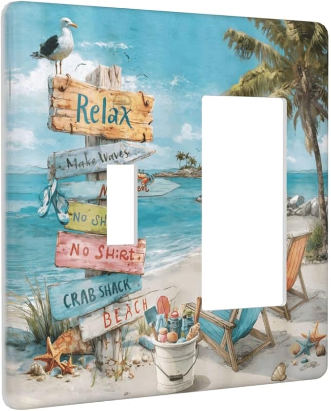 Ocean Beach Tropical Palm Tree Coastal Seaside Outlet Covers 1 Toggle 1 Rocker Combination Decorative Wall Plate Electrical Switch Plates Light Switch Cover Plate for Kids Room Living Room Decor