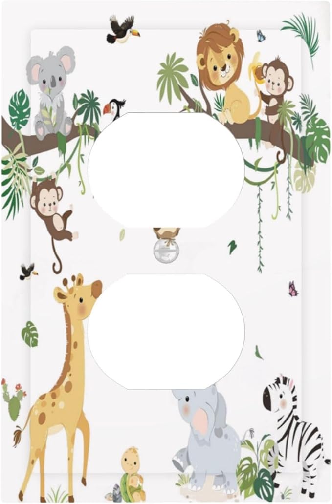 Jungle Animals Tree Branch Monkey Giraffe Lion Elephant Outlet Covers 1 Gang Duplex Light Switch Cover Decorative Switch Plates Electrical Receptacle Faceplate Wall Plate for Kids Room Nursery Decor