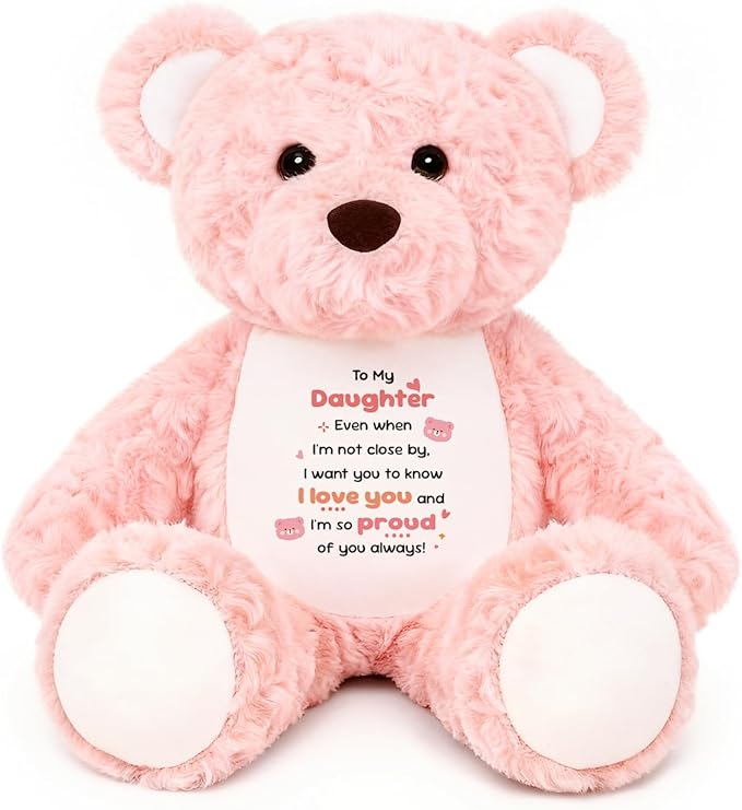 to My Daughter Teddy Bear Plush Toy, Daughter Gifts from Mom Dad, Soft Stuffed Animal with Positive Affirmation Message, Mothers Day Birthday Graduation Gifts for Daughter Women Kids 15" (Pink Curly)