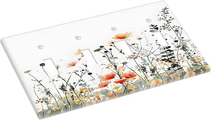 Vintage Country Style Watercolor Leaves Wildflowers Floral Light Switch Covers Quad Toggle Electrical Faceplate 4 Gang Wall Plate Decorative Switch Plates Cover for Bedroom Living Room Decor
