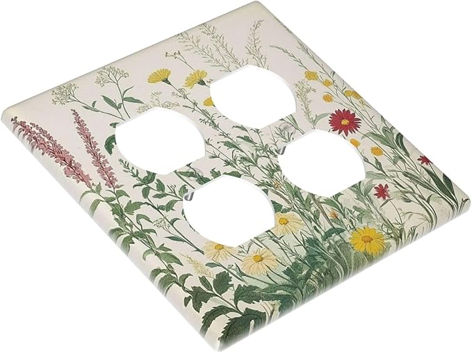 Rustic Wildflower Green Plants Daisy Floral Outlet Covers 2 Gang Double Duplex Decorative Light Switch Covers Electrical Wallplates Socket Faceplate For Farmhouse Bed Room Decor