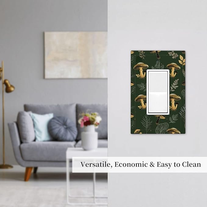 Decorative Outlet Covers Cute Gold Mushtroom Green Plant Leaf 1 Gang Rocker Light Switch Cover Plate Single Wall Plates for Electrical Outlets Switch Plate Covers Faceplate for Home Decor