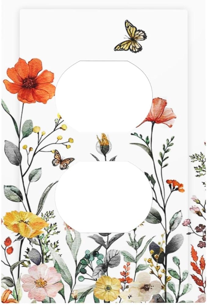 Colorful Vintage Floral Butterfly Flower 1 Gang Duplex Wall Plate Receptacle Outlet Covers Spring Nature Wildflower Blossom Decorative Electrical Dual Device Light Switch Plug Socket Faceplate Cover